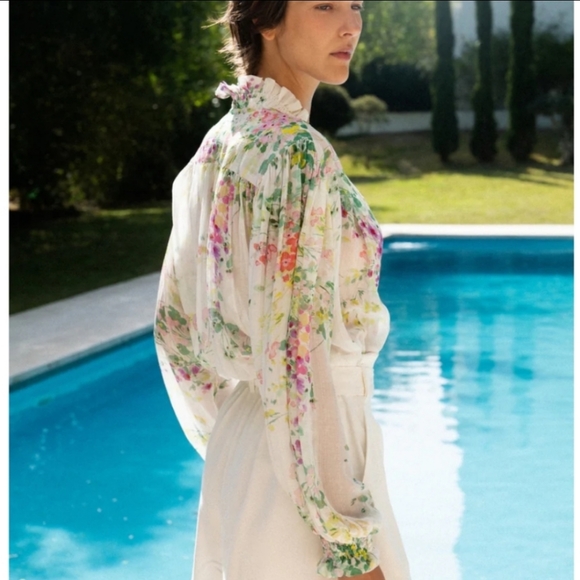 Sabina Musayev Floral Puff Sleeve Tie Top Size S White Multicolor - Picture 7 of 11